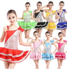 Red black neon green  blue red hot pink fuchsia royal blue sequins one shoulder girls kids children performance competition latin salsa cha cha dance dresses